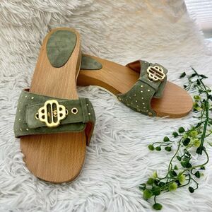 Maje Clover logo sandals Single Strap Sage Green‎ Suede Studded Sz 41 / 10.5 NEW